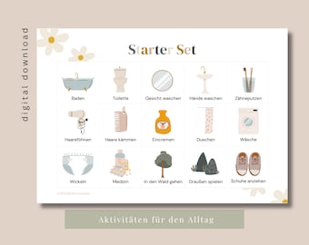 May include: A digital download chart titled Starter Set featuring a grid of fifteen illustrated icons representing daily activities. Each icon is labelled with German text including Baden, Toilette, Gesicht waschen, Hände waschen, Zähneputzen, Haare föhnen, Haare kämmen, Eincremen, Duschen, Wäsche, Wickeln, Medizin, In den Wald gehen, Draußen spielen, and Schuhe anziehen.