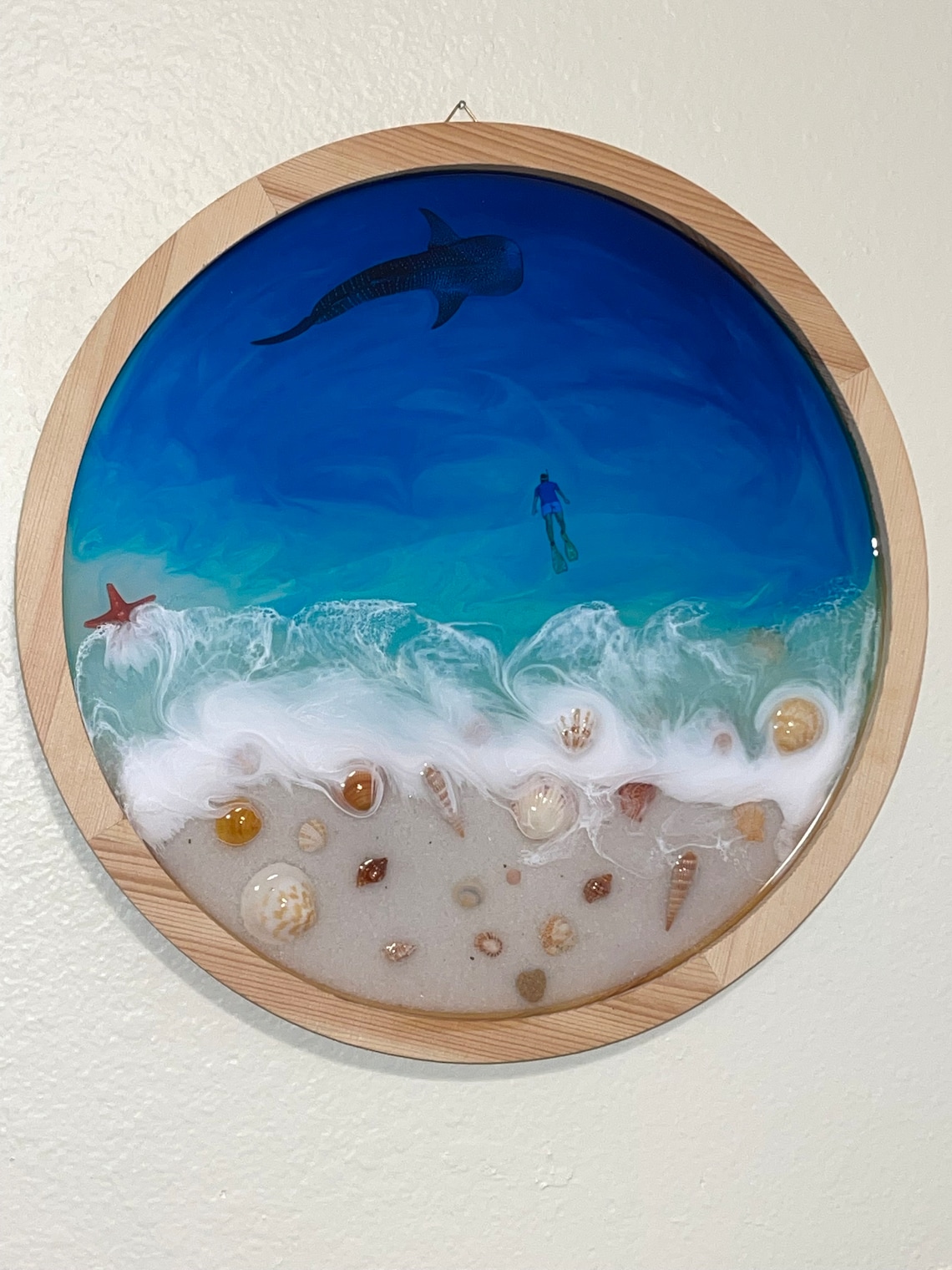 Epoxy Beach Scene- Epoxy Waves- Resin Art- Resin Beach Scene- Free Diver Swimming Out to Whale ...