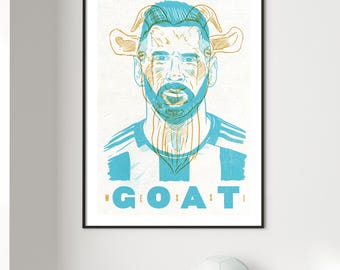 Messi Argentina GOAT Portrait: Hand-Drawn Football Art Print (Digital Print A3 29.7x42 cm)