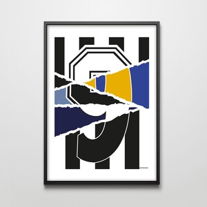 May include: A black and white striped background with a black number "9" in the center. The number is partially obscured by torn pieces of blue, yellow, and gray paper.