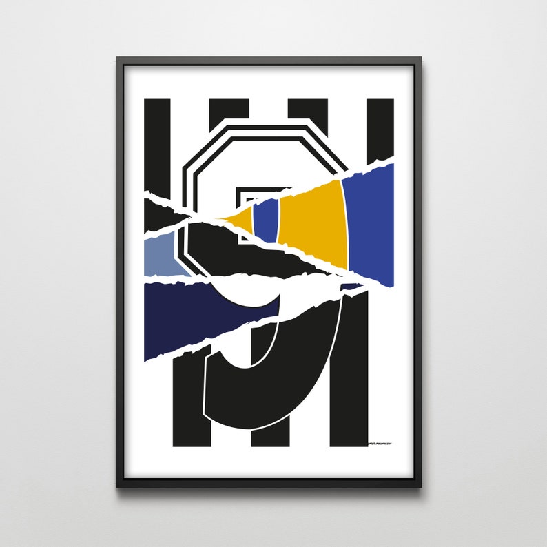 May include: A black and white striped background with a black number "9" in the center. The number is partially obscured by torn pieces of blue, yellow, and gray paper.