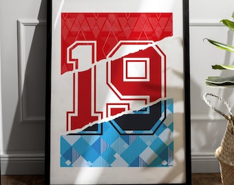Koszulka piłkarska Gazza nr 19 – wydruk artystyczny – projekt mashup (wydruk cyfrowy 50 x 70 cm)