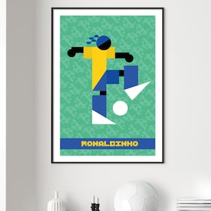 May include: A digital illustration of a soccer player in a yellow and blue uniform, kicking a white soccer ball. The background is a green pattern. The text "RONAL.DINHO" is at the bottom of the image.