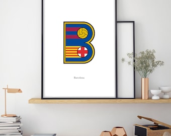 Barcelona-embleem, letter B-afdruk: voetbalclublogo (digitale A3-poster, 29,7 x 42 cm)