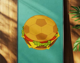 Football Burger Print: Hand-Drawn Food Poster, Kitchen Wall Art (Digital Print A2/A3)
