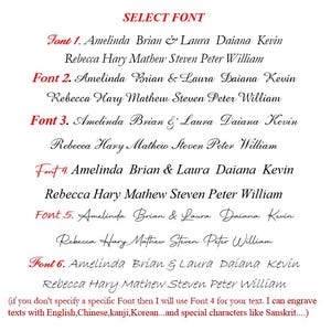 May include: A font selection chart featuring the header SELECT FONT in red, followed by six numbered font styles displayed in black. Each style shows the names Amelinda, Brian, Laura, Daiana, Kevin, Rebecca, Hary, Mathew, Steven, Peter, and William.