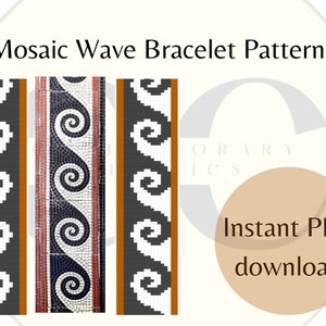 Könnte beinhalten: Ein digitales Download-Muster für ein Mosaik-Wellen-Armband. Das Muster zeigt drei verschiedene Designs, jedes mit einem schwarzen und weißen Wellenmuster auf braunem Hintergrund.