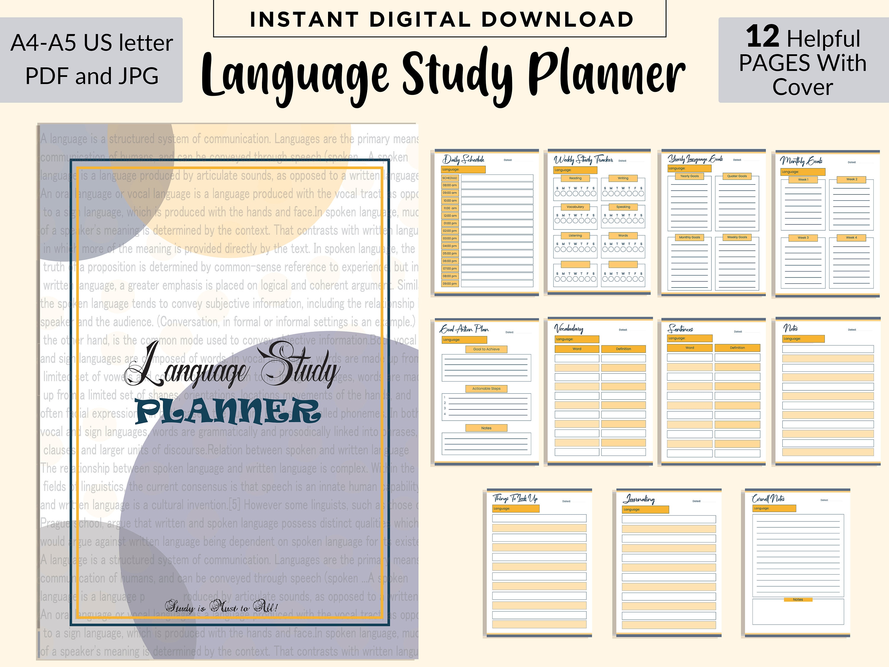 Printable Language Study Planner, Language Study Journal, Language