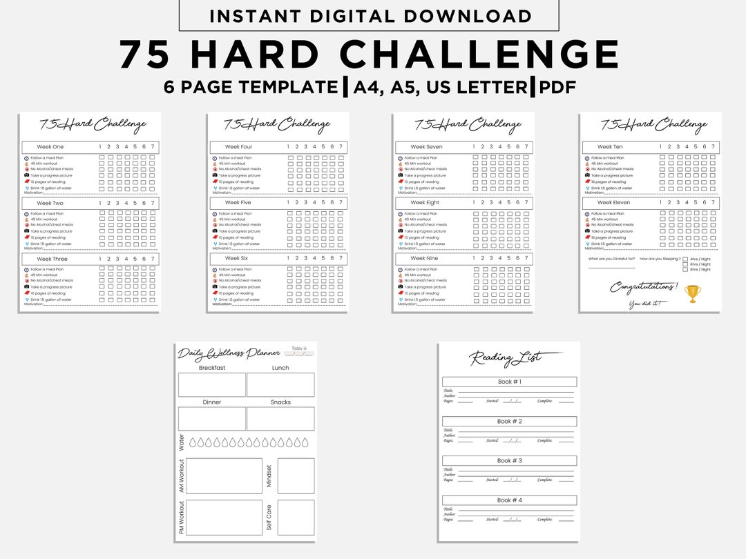75 Hard Challenge Printable Digital Download Daily Habit Tracker ...