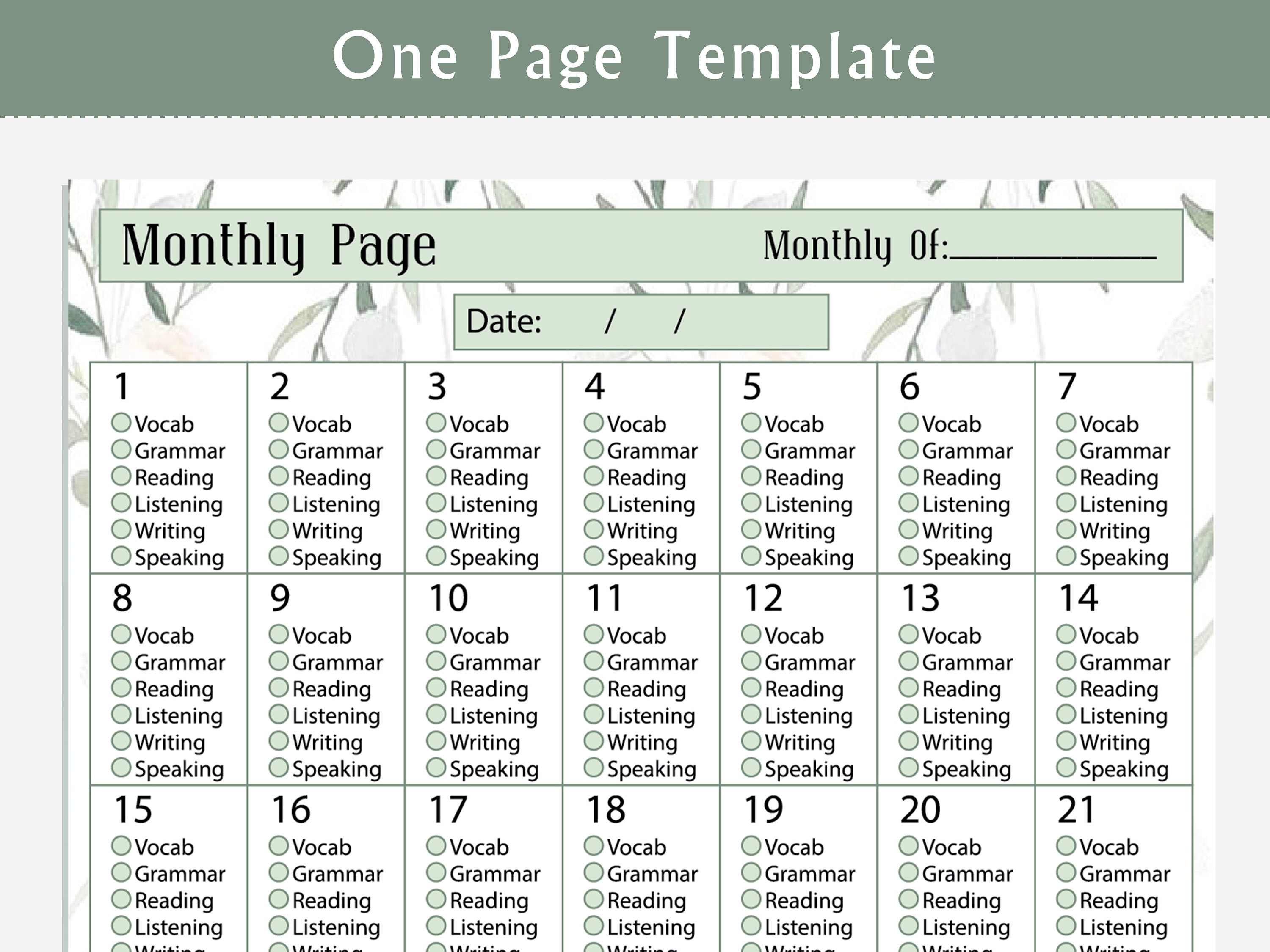 Monthly Language Tracker, Language Study Journal, Language Study ...
