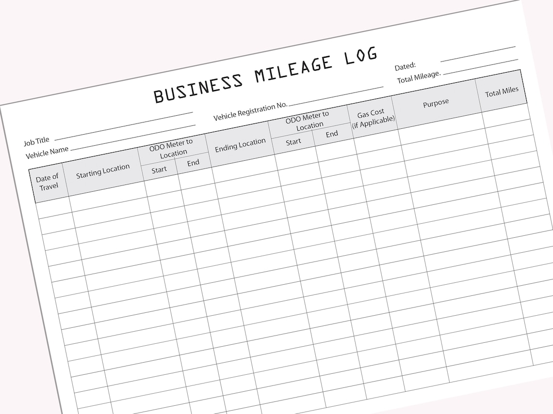 Printable Business Mileage Log, Mileage Tracker Log, Business Mileage