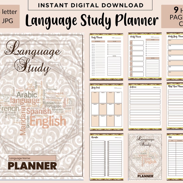 Language Study Planner Printable, Language Study Journal, Language Learner Printable, A4, A5, US letter PDF