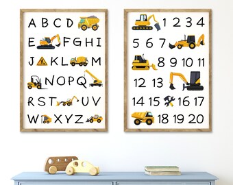Construction Truck Alphabet & Numbers Print: Nursery ABC 123 (Digital Download)