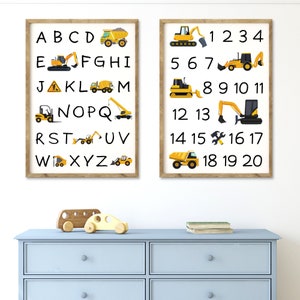 Construction Alphabet and Numbers PRINTABLE, Vehicles and Trucks ABC 123, Nursery Decor for Infants and Children