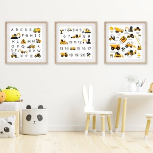 Alfabeto cuadrado y números imprimibles, decoración de pared de construcción, dormitorio de bebés y niños pequeños, nombres de camiones y maquinaria ABC y 123