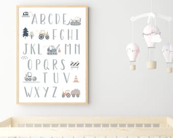 建設アルファベットプリント：パステルトラックのABCウォールアート（デジタルダウンロード）