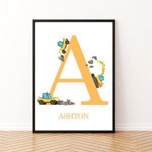 Signo de nombre de vehículo de construcción, imprimible personalizado, inicial personalizada para bebés y niños pequeños, impresión digital de excavadoras y excavadoras