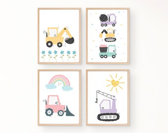 建設トラックのプリント：ボヘミアン風子供部屋デコレーション（4枚セット）（デジタルダウンロード）