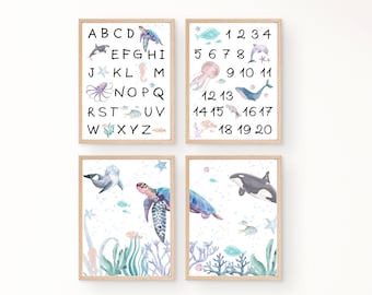 水彩画「海の生き物たち」アルファベットと数字のプリント（デジタルダウンロード）