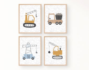 建設車両プリントセット：ボヘミアン風子供部屋デコレーション（デジタルダウンロード）