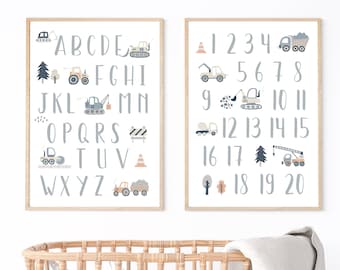 建設トラックのアルファベットと数字のプリント：ボヘミアン風子供部屋の装飾（デジタルダウンロード）