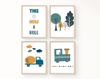 建設トラックのプリント：ボヘミアン風子供部屋の装飾（デジタルダウンロード）