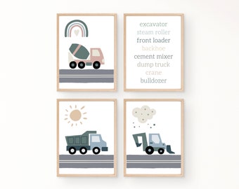 建設車両プリント：ボヘミアン風子供部屋デコレーション（デジタルダウンロード）