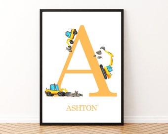 建設トラックのネームサイン：カスタムイニシャルプリント（デジタルダウンロード）