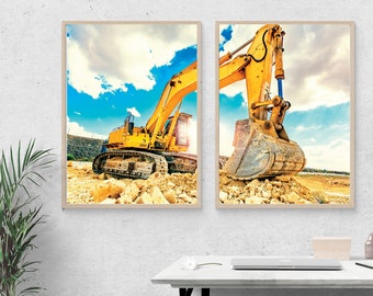 掘削機プリントセット：建設現場の掘削機の写真、幼児の部屋の装飾（デジタルダウンロード）