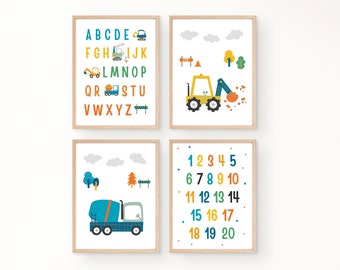 建設トラックのプリント：アルファベットと数字の子供部屋用デコレーション（デジタルダウンロード）