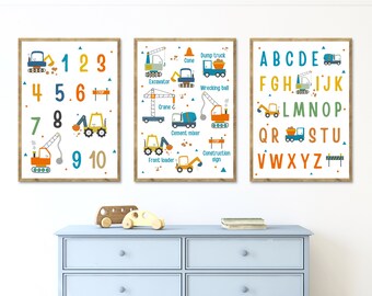 建設ABC 123デジタルプリント3枚セット、トラック名印刷可能、幼児用寝室装飾