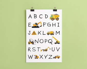 建設用アルファベットプリント：ABC掘削機、トラックの壁アート（デジタルダウンロード）