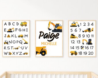 名前入り工事用トラックの子供部屋用プリント、アルファベットと数字（デジタルダウンロード）