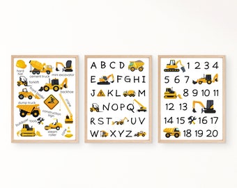 建設車両プリント：ABC 123 保育園用デコレーション（デジタルダウンロード）