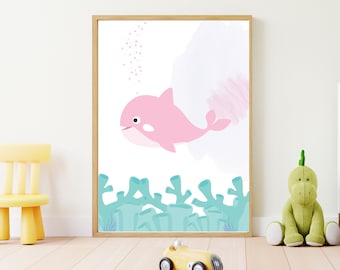 クジラのデジタルプリント、ピンクのシャチの寝室ポスター、海中の子供部屋の装飾
