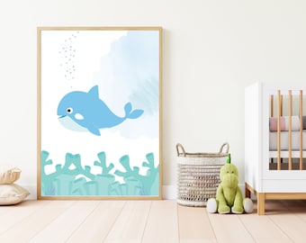 赤ちゃんクジラのデジタルプリント、海中保育園の装飾、航海ポスター、シャチのバスルームの装飾