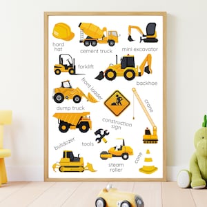 Arte mural de construcción, decoración para dormitorio infantil, lámina de maquinaria, decoración de pared de camiones, póster educativo de construcción, imprimible para guardería