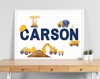 建設車両プリント、カスタム印刷可能、幼児の寝室の装飾、パーソナライズされた名前のポスター