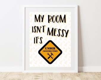 建設現場の寝室プリント、私の部屋は散らかっていない、工事中、建物と工具のポスター