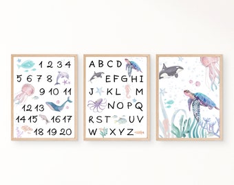 水彩画の海の動物アルファベットと数字プリントセット（デジタルダウンロード）