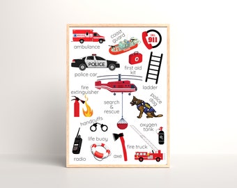 緊急車両のプリント：消防車、パトカーの子供部屋用装飾（デジタルダウンロード）