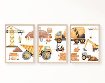 水彩画風の工事用トラックのプリント、男の子の寝室の装飾（デジタルダウンロード）