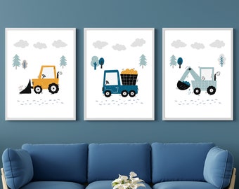 Kid's Construction Wall Art, Set of 3 Digital Prints, Excavator, Digger, Dump Truck Printables for Infants and Toddlers