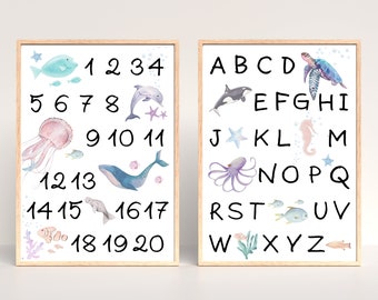 水彩画「海の底」アルファベットと数字のプリント（デジタルダウンロード）