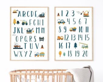 建設用アルファベットと数字のポスター、機械トラックのデジタルプリント、子供部屋の装飾、教育学習