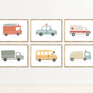 Set of 6 Transportation Vehicle Prints, Emergency Rescue Nursery Decor, Fire Truck Digital Prints, Police Car Wall Art