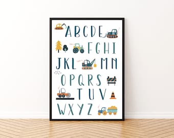 建設アルファベットプリント：ABCトラックウォールアート（デジタルダウンロード）