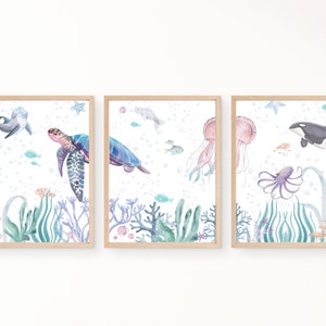 Watercolor Sea Animals Digital Print, Set of 3 Under the Sea Nursery Decor, Underwater Bathroom Printable, Children’s Bedroom Wall Art