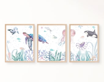 水彩画風の海の生き物プリントセット、海をテーマにした子供部屋の装飾（デジタルダウンロード）