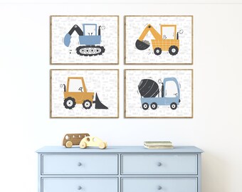 建設車両のプリント、重機のポスター、男の子の部屋の装飾、掘削機の子供部屋用ウォールアート